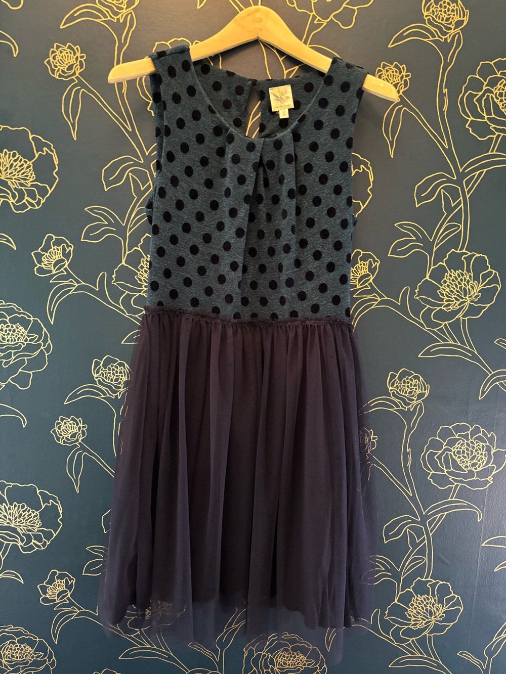 Anthropologie WESTON WEAR sleeveless KNIT TULLE dress navy teal DOTS medium